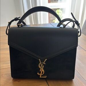 YSL Black Leather Handbag with Gold Logo